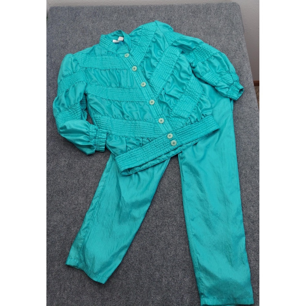 Vtg 80s g.s.i Amrox Two Piece Trackl Set Women Small‎ Teal Smocked Jacket Pants